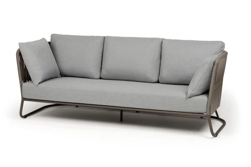 "Багамы" диван 3-местный плетеный из роупа, каркас алюминий бежево-серый (RAL7006) муар, роуп серо-коричневый 23мм, ткань светло-серая