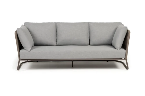 "Багамы" диван 3-местный плетеный из роупа, каркас алюминий бежево-серый (RAL7006) муар, роуп серо-коричневый 23мм, ткань светло-серая