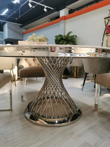 Стол обеденный Мелоди DT-018L, 140х140х75 см, белый мрамор/серебро