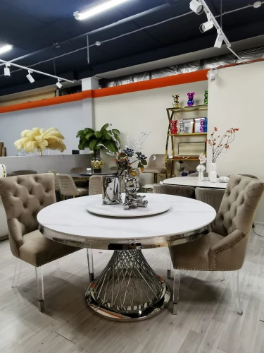 Стол обеденный Мелоди DT-018L, 140х140х75 см, белый мрамор/серебро