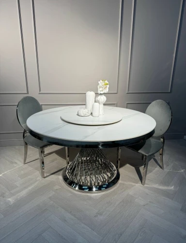 Стол обеденный Мелоди DT-018L, 140х140х75 см, белый мрамор/серебро