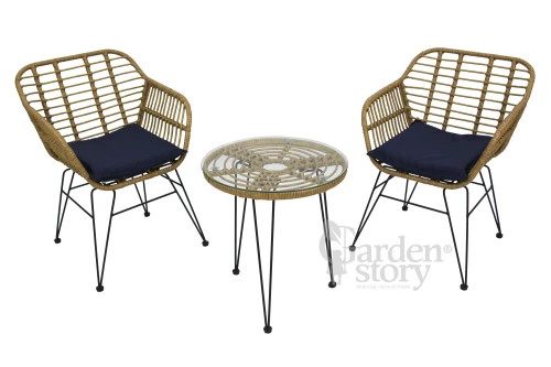 Набор мебели Адриан Мини  арт.GS008 бежевый, синий (2 стула+стол Ø52см, каркас черный, ротанг беж.) "Garden story"
