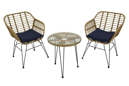 Набор мебели Адриан Мини  арт.GS008 бежевый, синий (2 стула+стол Ø52см, каркас черный, ротанг беж.) "Garden story"