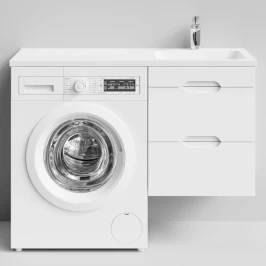 Тумба Айрис 110 подвесной, под стиральную машину, правая, белый Vodok с раковиной в комплекте