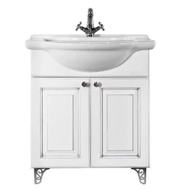 Тумба Белладжио 85 напольный, патина серебро, белая, двери Vodok с раковиной в комплекте