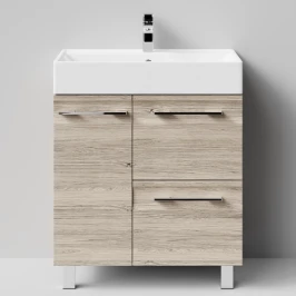 Тумба Мальта 70 напольный, ящики и дверь, Дубослив ореховый светлый ПВХ 3445, левый Vodok с раковиной в комплекте