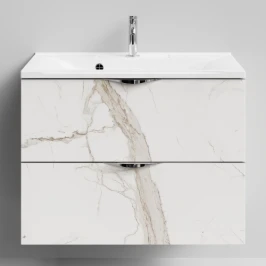 Тумба Марко 75 подвесной, ручки Хром, Мрамор Белый натур милк ПВХ 2537 Vodok с раковиной в комплекте