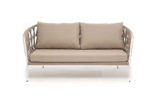 "Диего" диван 2-местный плетеный из роупа, каркас алюминий белый муар, роуп бежевый круглый, ткань бежевая 052