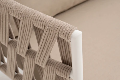 "Диего" диван 2-местный плетеный из роупа, каркас алюминий белый муар, роуп бежевый круглый, ткань бежевая 052