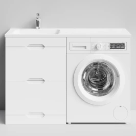 Тумба Айрис 120 напольный, под стиральную машину, левая, белый Vodok с раковиной в комплекте