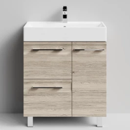 Тумба Мальта 70 напольный, ящики и дверь, Дубослив ореховый светлый ПВХ 3445, правый Vodok с раковиной в комплекте