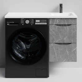 Тумба Смайл 100 подвесной, под стиральную машину, правая, Мрамор Серый софт тач ПВХ 4044-1 Vodok с раковиной в комплекте