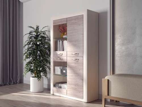 Шкаф-витрина 2V2D, OLIVIA, цвет вудлайн крем/дуб анкона