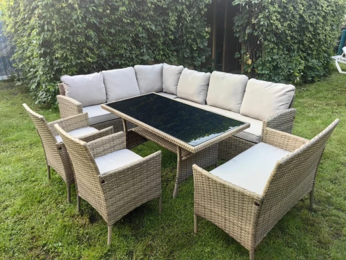 Обеденная группа плетеной мебели Албания + 2 кресла + двухместный диван Анкор Greige (серо-бежевая)