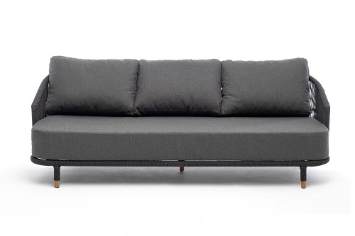 "Верона" диван 3-местный плетеный из роупа, каркас алюминий темно-серый (RAL7024) муар, роуп темно-серый круглый, ткань темно-серая 027