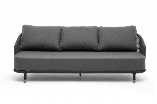 "Верона" диван 3-местный плетеный из роупа, каркас алюминий темно-серый (RAL7024) муар, роуп темно-серый круглый, ткань темно-серая 027