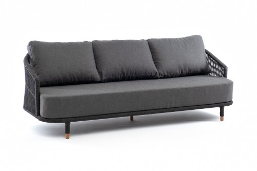 "Верона" диван 3-местный плетеный из роупа, каркас алюминий темно-серый (RAL7024) муар, роуп темно-серый круглый, ткань темно-серая 027