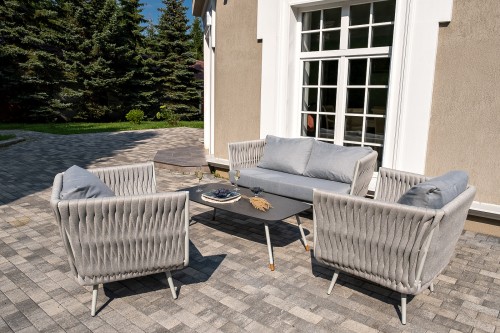 "Монако" лаунж-зона 4-местная из роупа со столом "Верона" (серый гранит), каркас светло-серый, роуп светло-серый