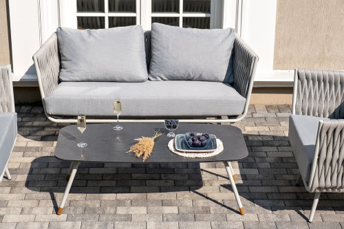 "Монако" лаунж-зона 4-местная из роупа со столом "Верона" (серый гранит), каркас светло-серый, роуп светло-серый