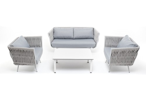 "Монако" лаунж-зона 4-местная из роупа со столом "Верона" (серый гранит), каркас светло-серый, роуп светло-серый