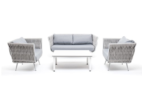 "Монако" лаунж-зона 4-местная из роупа со столом "Верона" (серый гранит), каркас светло-серый, роуп светло-серый