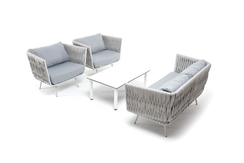"Монако" лаунж-зона 4-местная из роупа со столом "Верона" (серый гранит), каркас светло-серый, роуп светло-серый