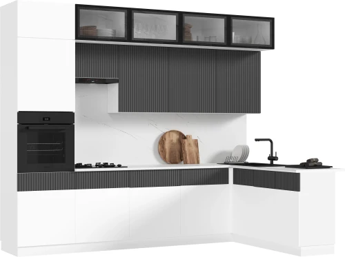 Кухня Оливия NEW 3,0х1,8м, Белый снег софт / Графит софт NEW, Белый