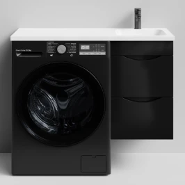 Тумба Смайл 100 подвесной, под стиральную машину, правая, черный глянец Vodok с раковиной в комплекте