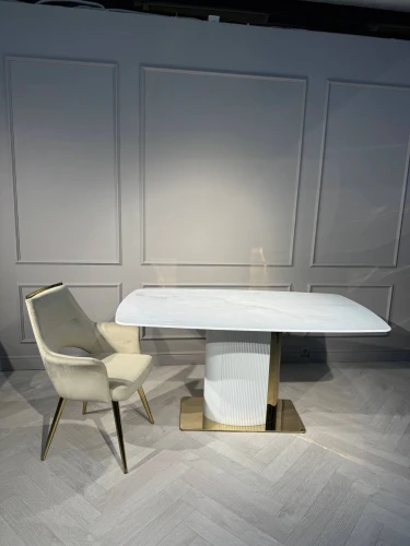 Стол обеденный Барнео BS1802-160GR, 160х90х76 см, светло-серая керамика/золото