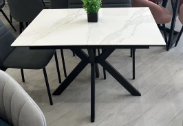 Стол КОМИЛЬФО МИНИ 100 БЕЛЫЙ МРАМОР с прожилками латте, керамика / ЧЕРНЫЙ, М-City