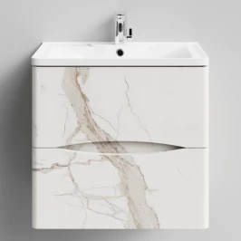 Тумба Адель 60 подвесной, Мрамор Белый натур милк ПВХ 2537 Vodok с раковиной в комплекте