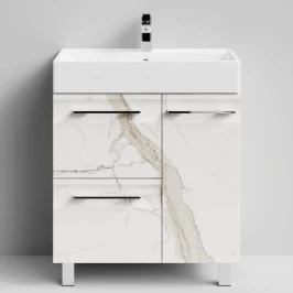 Тумба Мальта 70 напольный, ящики и дверь, Мрамор Белый натур милк ПВХ 2537, правый Vodok с раковиной в комплекте