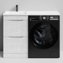 Тумба Смайл 110 напольный, под стиральную машину, левая, Белый камень ПВХ 57805 Vodok с раковиной в комплекте