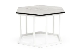 "Женева" интерьерный стол из HPL шестиугольный, D50, H35, цвет "мрамор пепел", каркас из стали белый муар