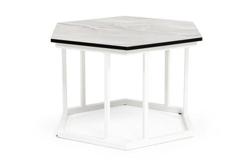 "Женева" интерьерный стол из HPL шестиугольный, D50, H35, цвет "мрамор пепел", каркас из стали белый муар