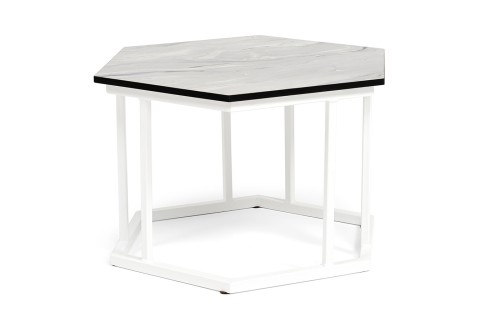 "Женева" интерьерный стол из HPL шестиугольный, D50, H35, цвет "мрамор пепел", каркас из стали белый муар