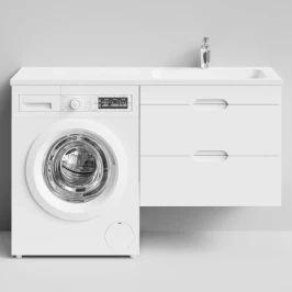 Тумба Айрис 130 подвесной, под стиральную машину, правая, белый Vodok с раковиной в комплекте