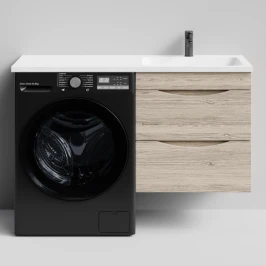 Тумба Смайл 120 подвесной, под стиральную машину, правая, Дубослив ореховый светлый ПВХ 3445 Vodok с раковиной в комплекте