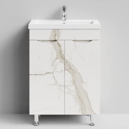 Тумба Смайл 58 напольный, Мрамор Белый натур милк ПВХ 2537 Vodok с раковиной в комплекте