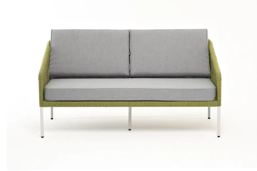 "Канны" диван 2-местный плетеный из роупа, каркас алюминий светло-серый (RAL7035) муар, роуп салатовый меланж круглый, ткань светло-серая