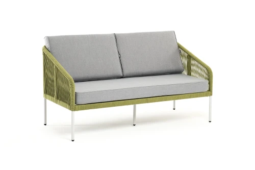 "Канны" диван 2-местный плетеный из роупа, каркас алюминий светло-серый (RAL7035) муар, роуп салатовый меланж круглый, ткань светло-серая