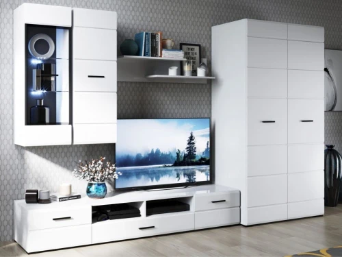 Стенка «Йорк» со шкафом, Белый/белый глянец