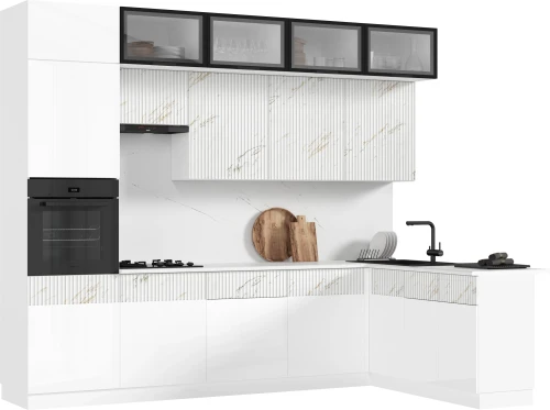 Кухня Оливия NEW 3,0м, Белый глянец / Мрамор золото