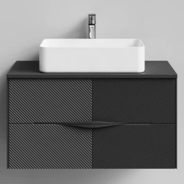 Тумба Липс 90, пример RAL 9005 Чёрный янтарь, матовая, 2 ящика, подвесной Vodok с раковиной в комплекте