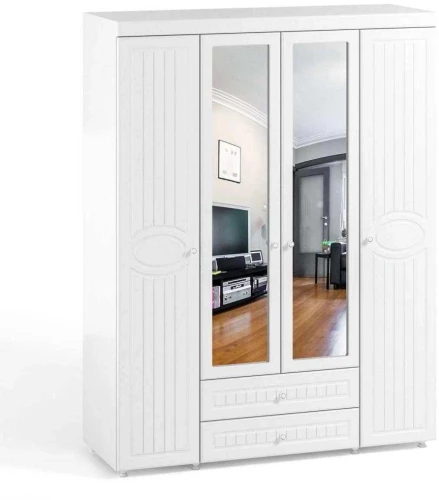 Шкаф 4-х дверный с ящиками и 2-я зеркалами Монако МН-63 белое дерево