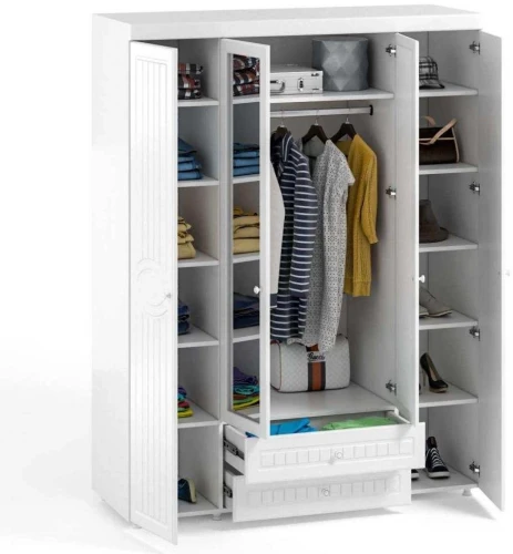 Шкаф 4-х дверный с ящиками и 2-я зеркалами Монако МН-63 белое дерево