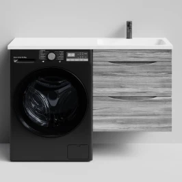 Тумба Смайл 120 подвесной, под стиральную машину, правая, Лиственница структурная контрастно-серая ПВХ 64202 Vodok с раковиной в комплекте