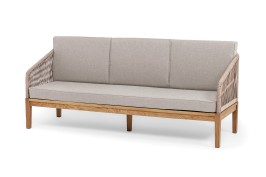 "Канны" диван 3-местный плетеный из роупа, основание дуб, роуп бежевый круглый, ткань бежевая 15052