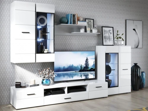 Стенка «Йорк» с комодом, Белый/белый глянец