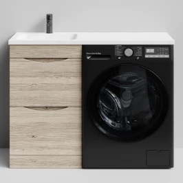 Тумба Смайл 110 напольный, под стиральную машину, левая, Дубослив ореховый светлый ПВХ 3445 Vodok с раковиной в комплекте